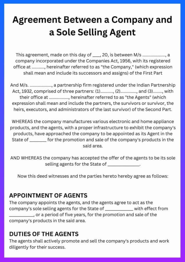 Sample Agreement or Contract Between a Company and a Sole Selling agent