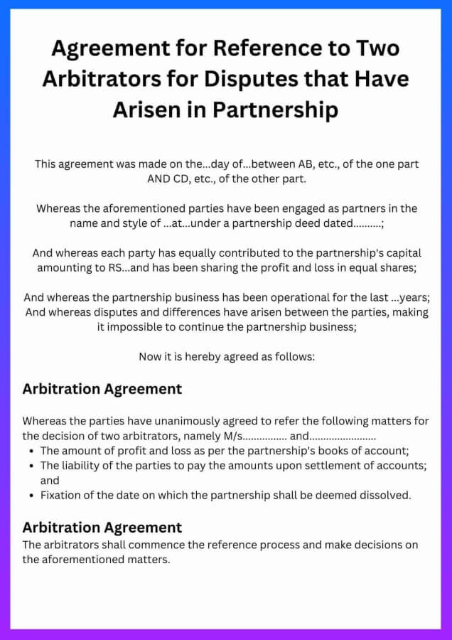 Sample Contract or Agreement on Arbitration for Partnership Disputes in India
