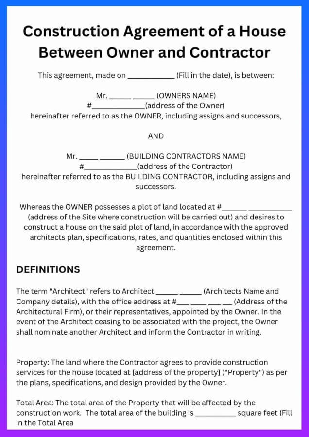 Sample Agreement or Contract for Construction of a House Between Owner and Contractor