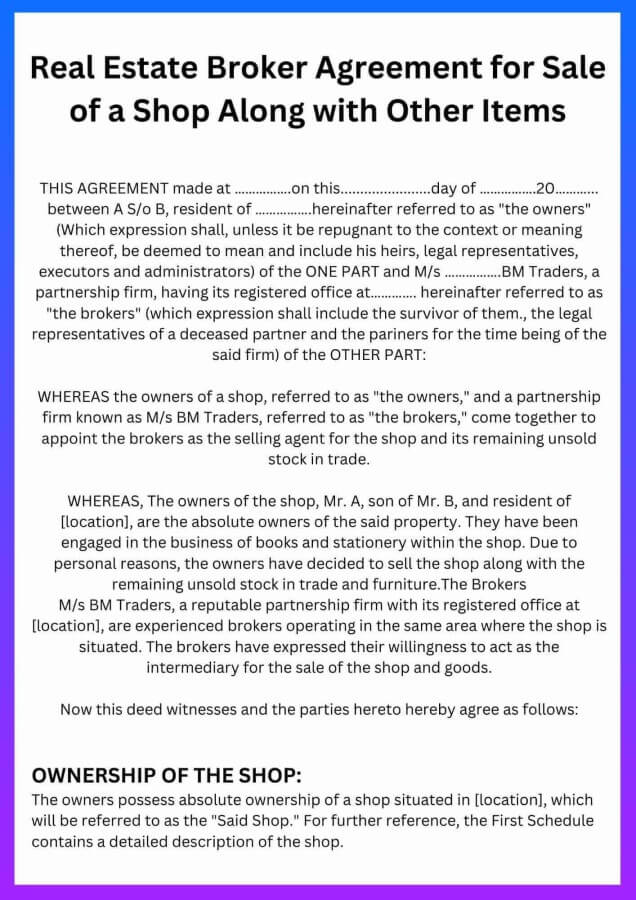 Sample Agreement or Contract for Real Estate Broker Agreement for Sale of a Shop Along with Other Items